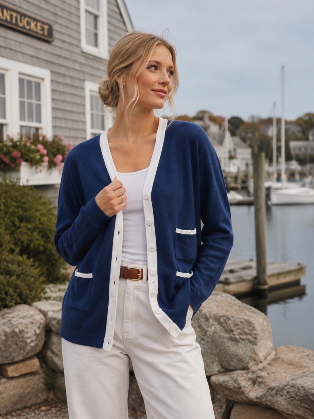 Nautical Preppy Sweater Wynne Layers Cardigan Blue Button Front Oversized XS